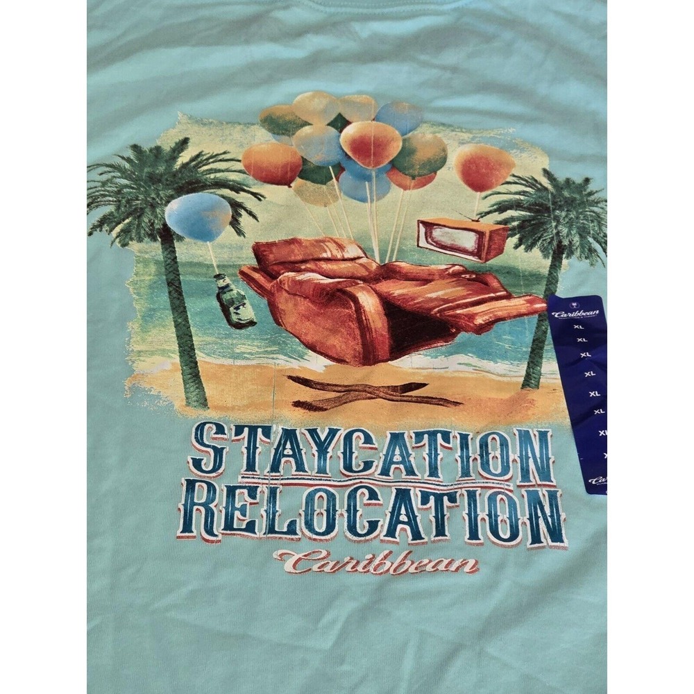 Caribbean Mens XL Cotton Graphic T Shirt Staycation Relocation Beach Palms